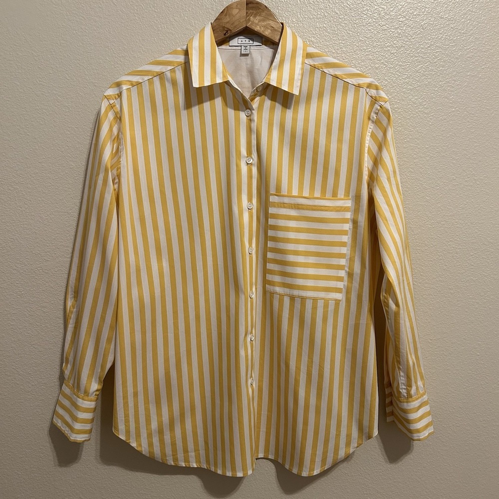 AYR The Deep End Shirt Women's Small Yellow White Stripe Oversized Button Up EUC